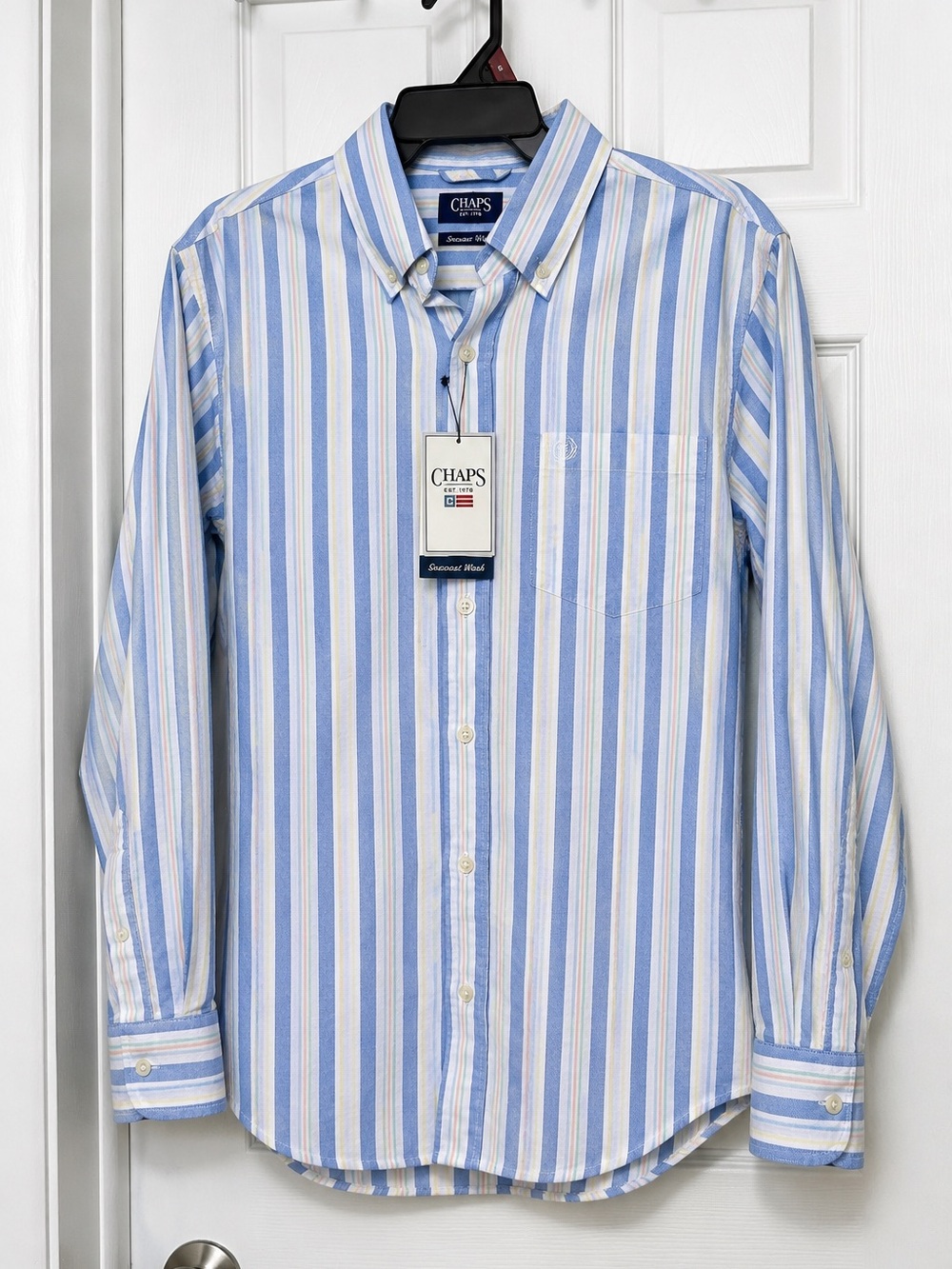 Men’s Seacoast Wash Striped Button Down Shirt Blue White 100% Cotton